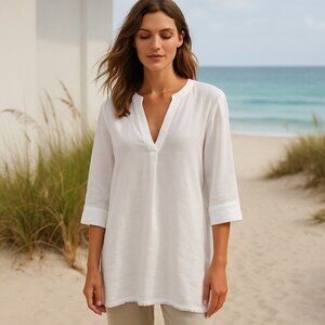 Garnet Hill Women Linen Tunic Top Size XL Coastal Boho Minimalist Lightweight